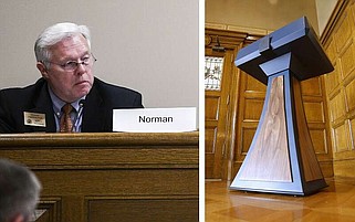 Legislative Auditor Roger Norman (left) and the lectern identified by the Sanders administration as costing $19,029.25 are shown in Little Rock in these 2023 file photos. Norman was attending a meeting of the Arkansas Legislative Audit Committee on Oct. 12, 2023, and the lectern was displayed in the Governor's Conference Room at the state Capitol on Sept. 26, 2023. (Left, Arkansas Democrat-Gazette/Stephen Swofford; right, Arkansas Democrat-Gazette/Thomas Metthe)